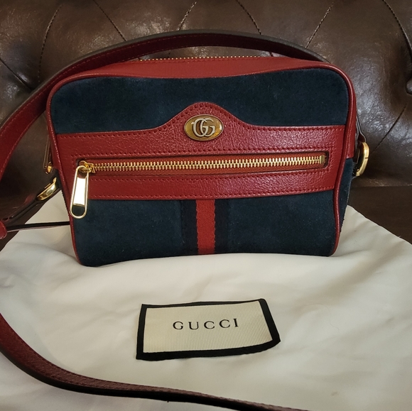 Copy Gucci Ophidia Mini Crossbody Camera Bag in Blue Suede with Red Leather - Picture 11 of 11